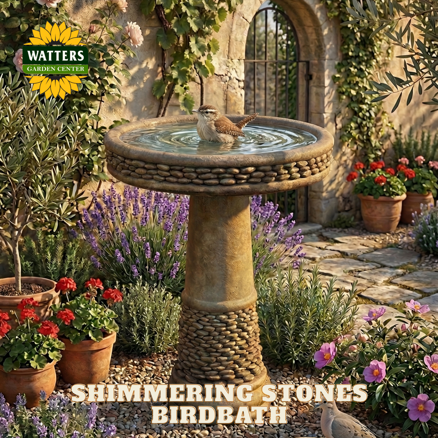 Shimmering Stones birdbath in a garden setting with flowers and plants.