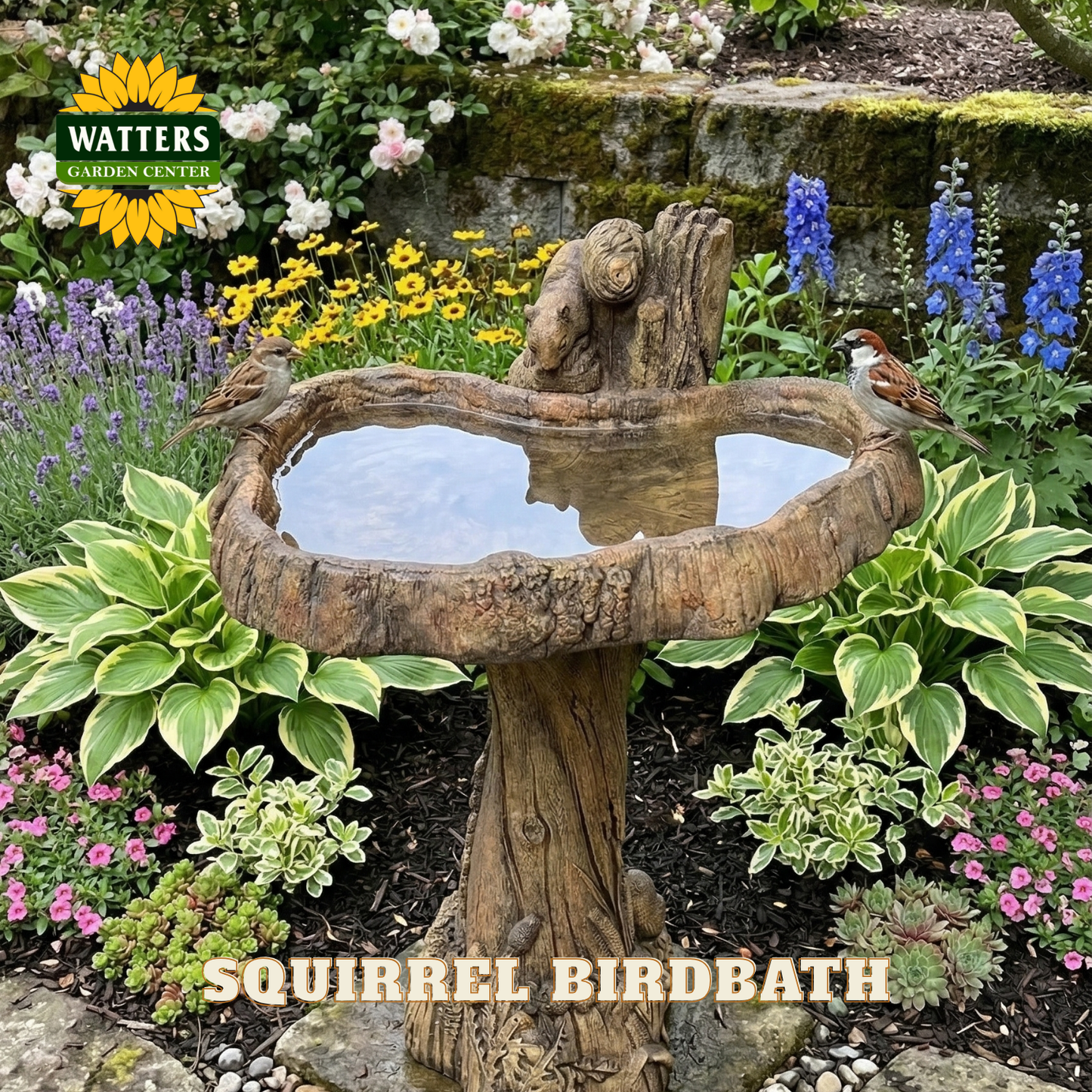 Squirrel birdbath in a garden setting with flowers and plants.
