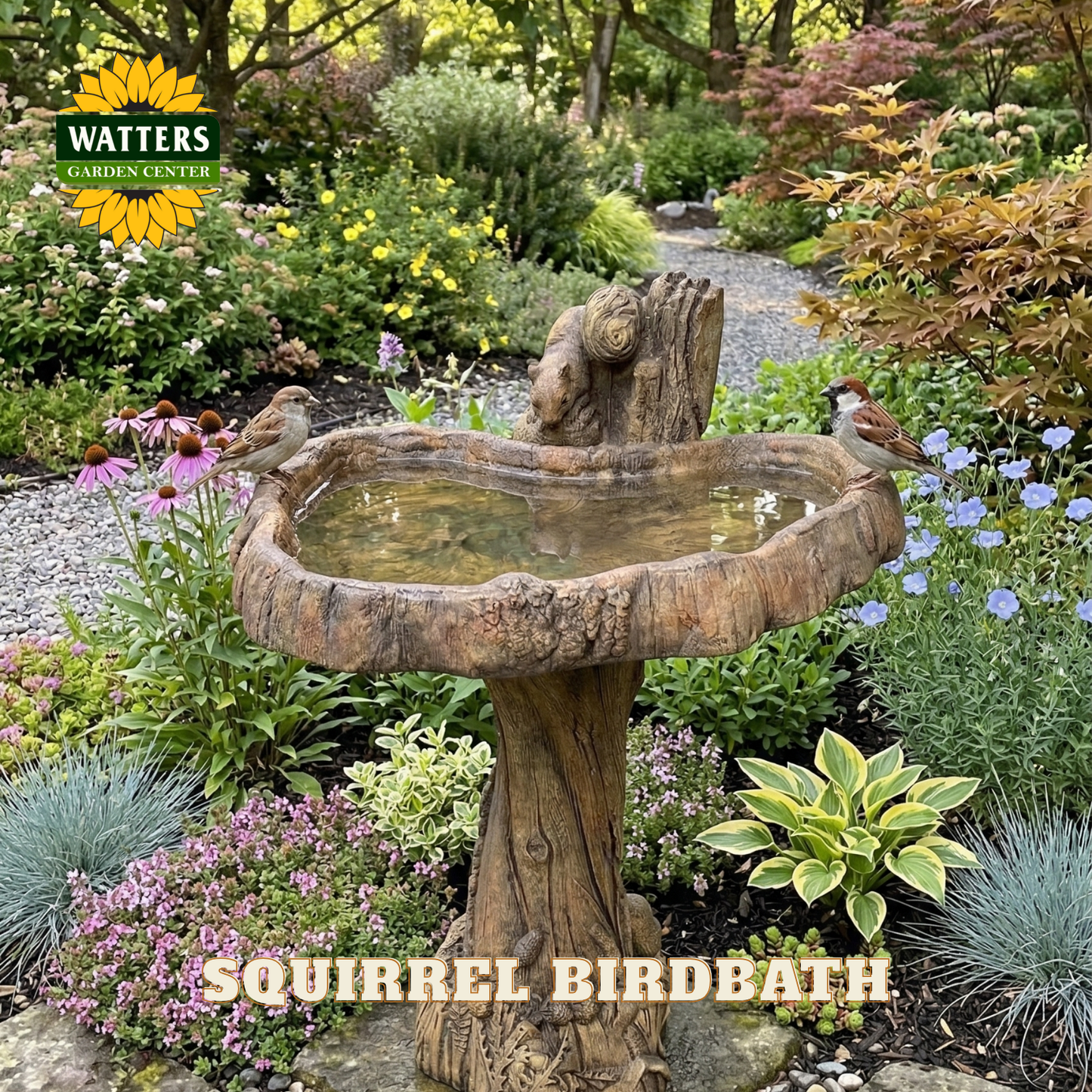 Squirrel-shaped birdbath in a garden setting with flowers and plants, featuring Watters Garden Center branding.