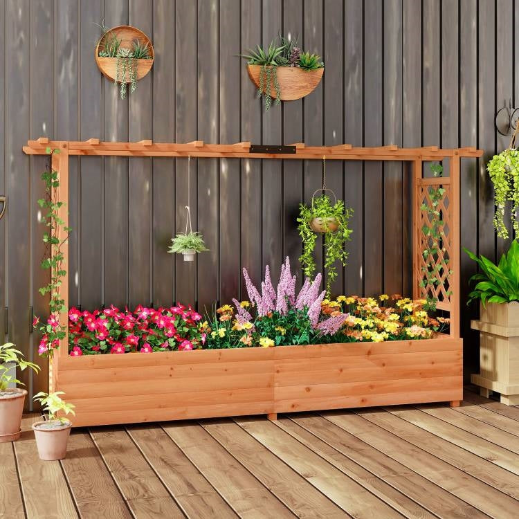 Solid Fir Wood Rectangle Raised Garden Bed with Side Trellis