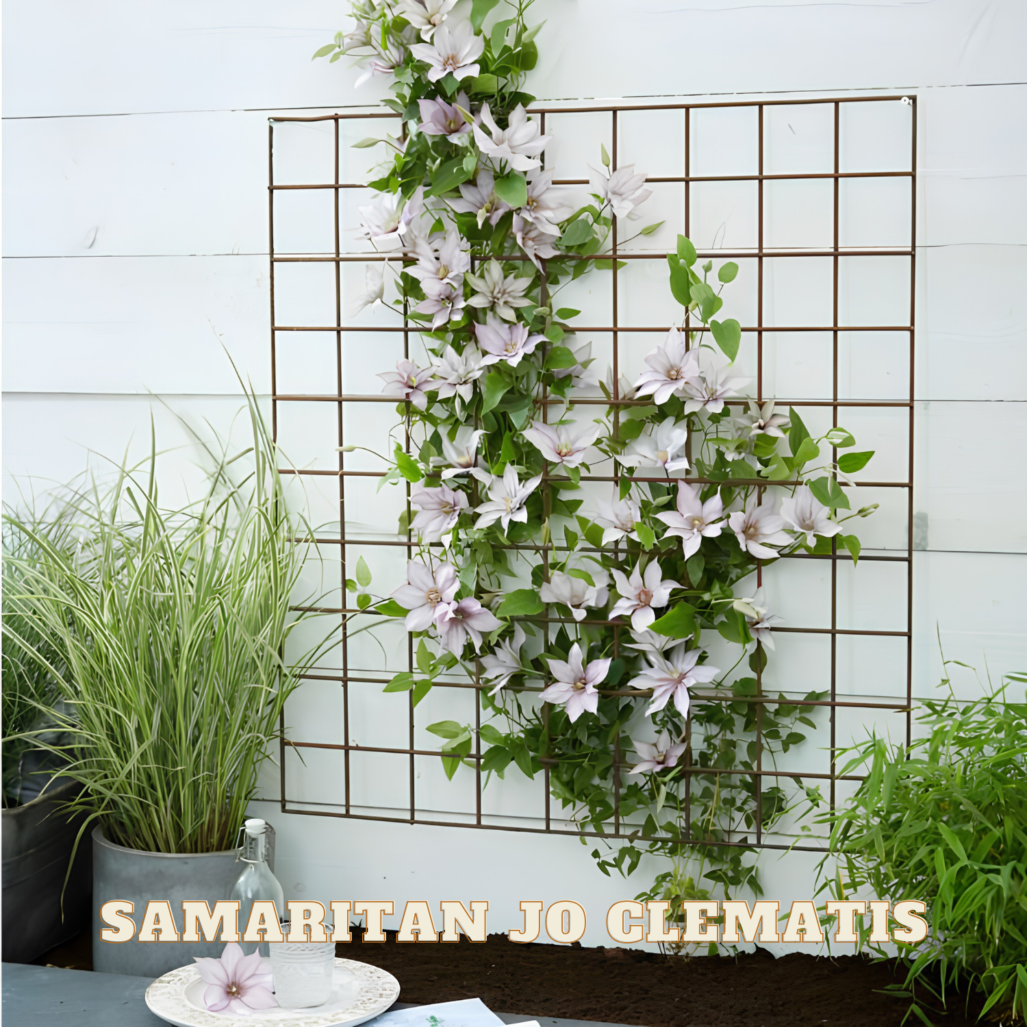 Decorative wall with floral trellis and plants against a light blue wall.