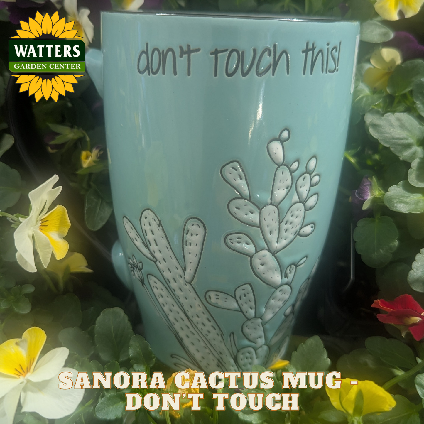 Light blue mug with cactus design and text 'don't touch this!' surrounded by flowers, with Watters Garden Center branding.