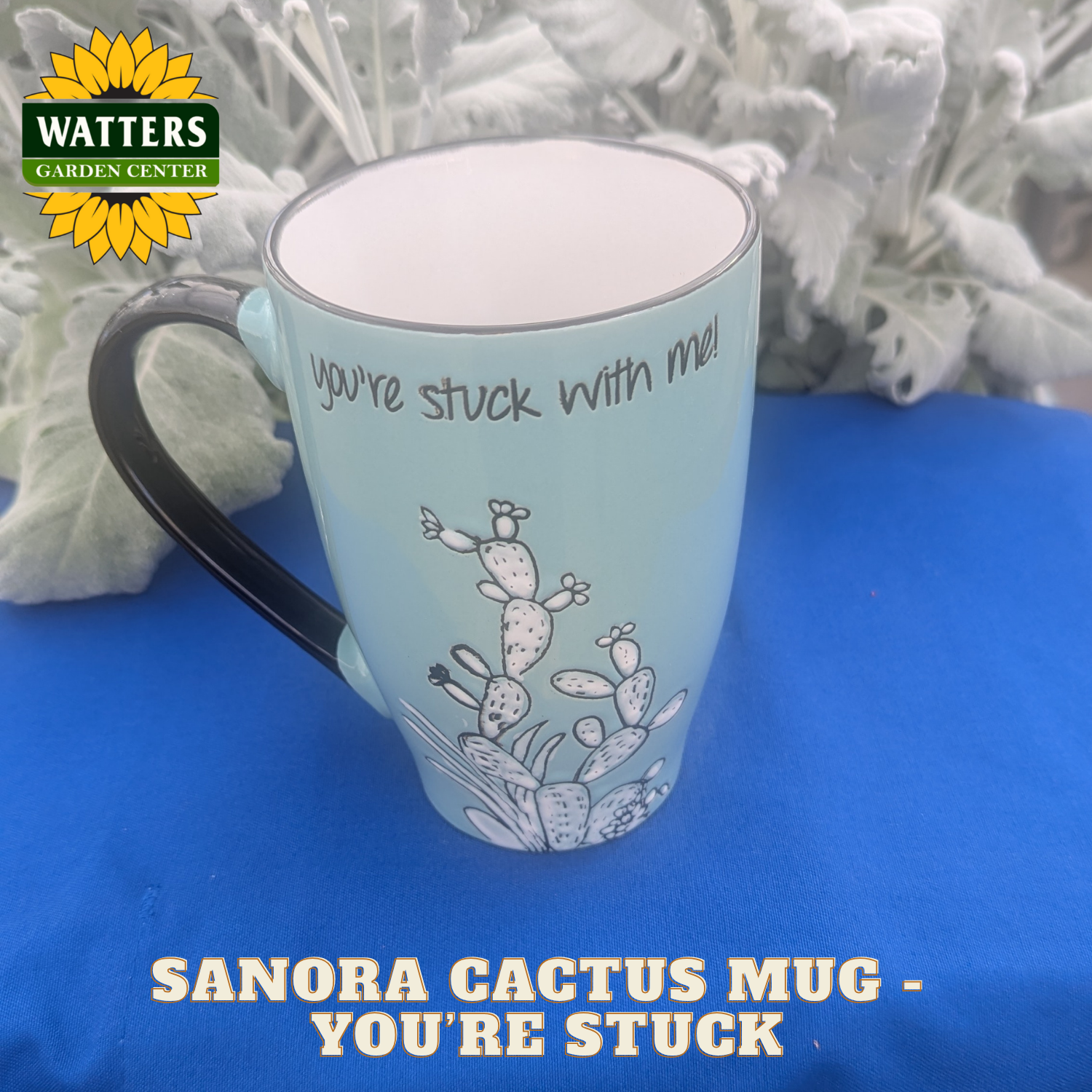 Light blue mug with cactus design and text 'you're stuck with me!' on a blue surface, with Watters Garden Center logo.