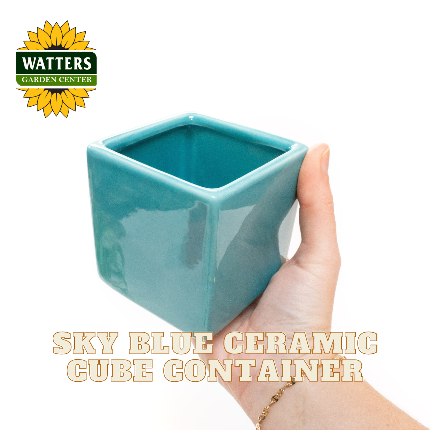 Hand holding a sky blue ceramic cube container with Watters Garden Center logo.
