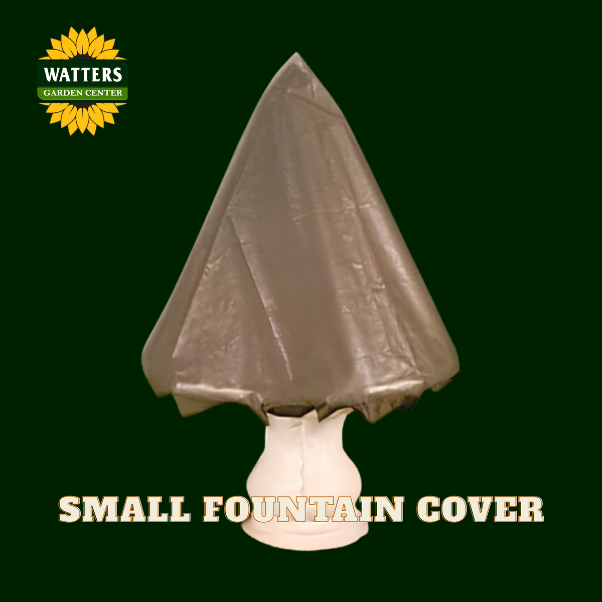 A small gray fabric fountain cover displayed on a white pedestal against a dark green background, with the Watters Gardens Center logo in the top left and the text 'SMALL FOUNTAIN COVER' at the bottom.