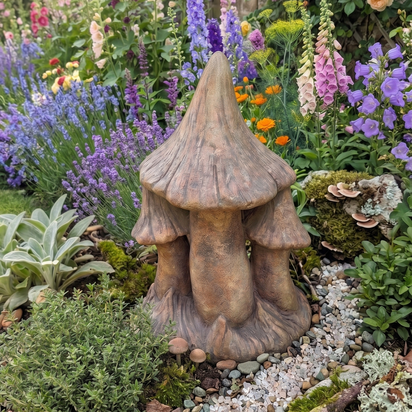 A rustic three-tiered mushroom garden statue in a natural brown textured finish, placed in a lush garden bed surrounded by purple flowers, green foliage, and small white pebbles.