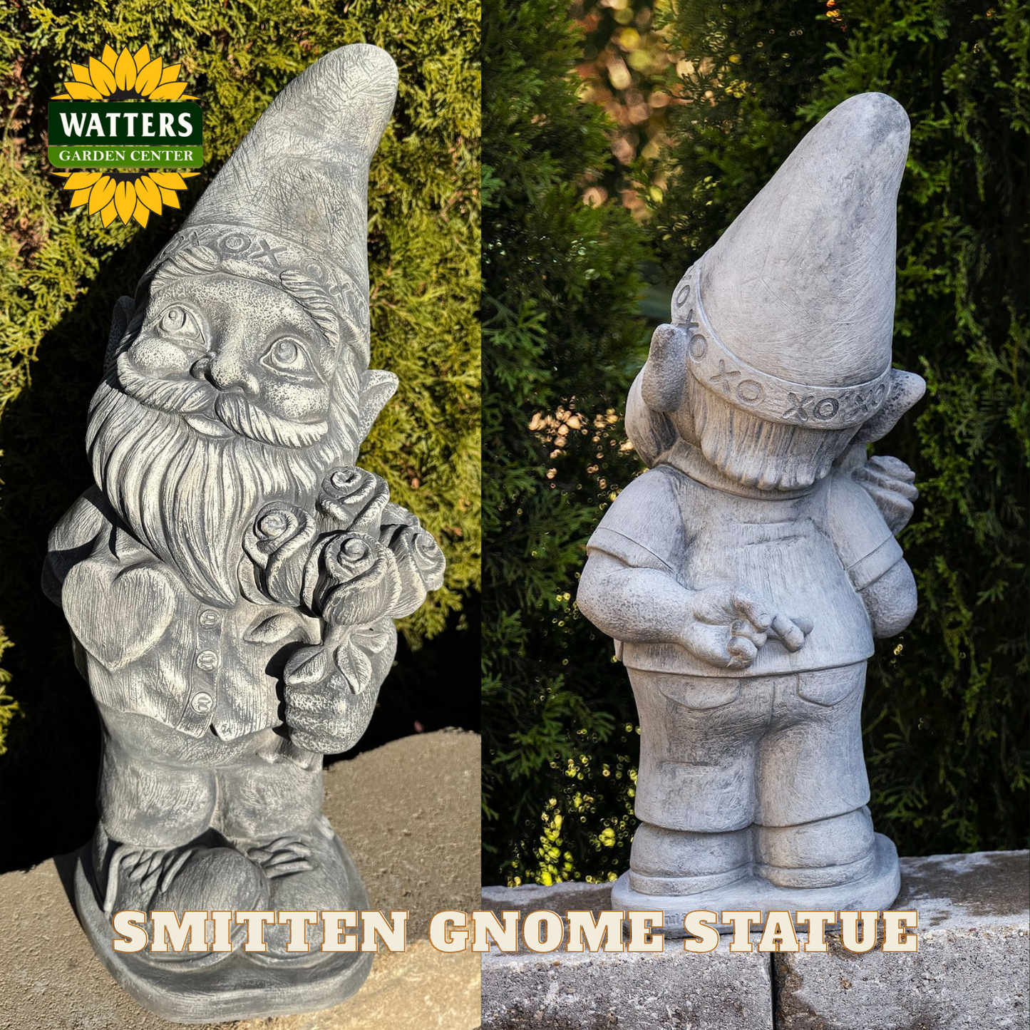 Male gnome statue holding roses and love symbols in garden setting.
