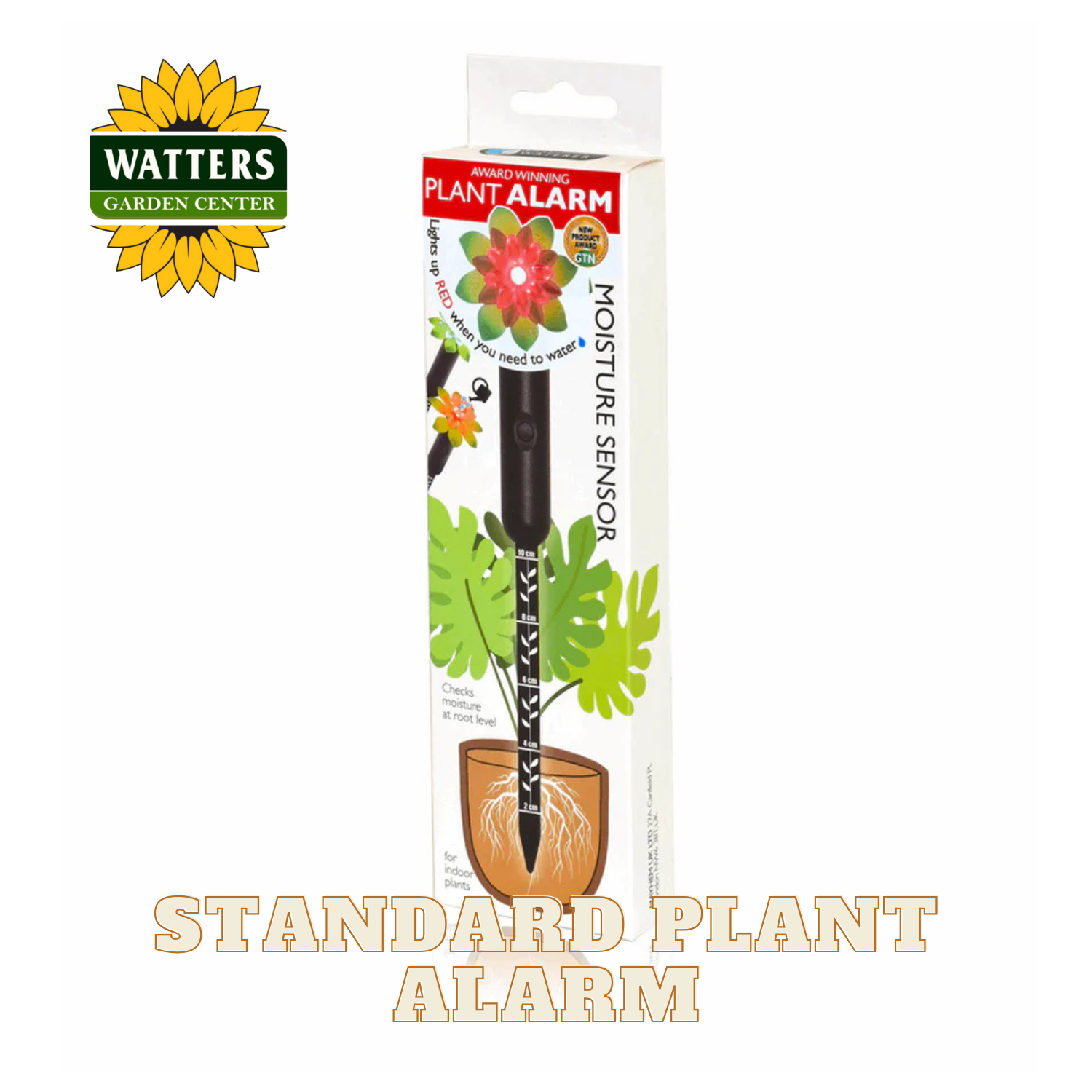 Packaged plant moisture sensor with Watters Garden Center logo on a white background