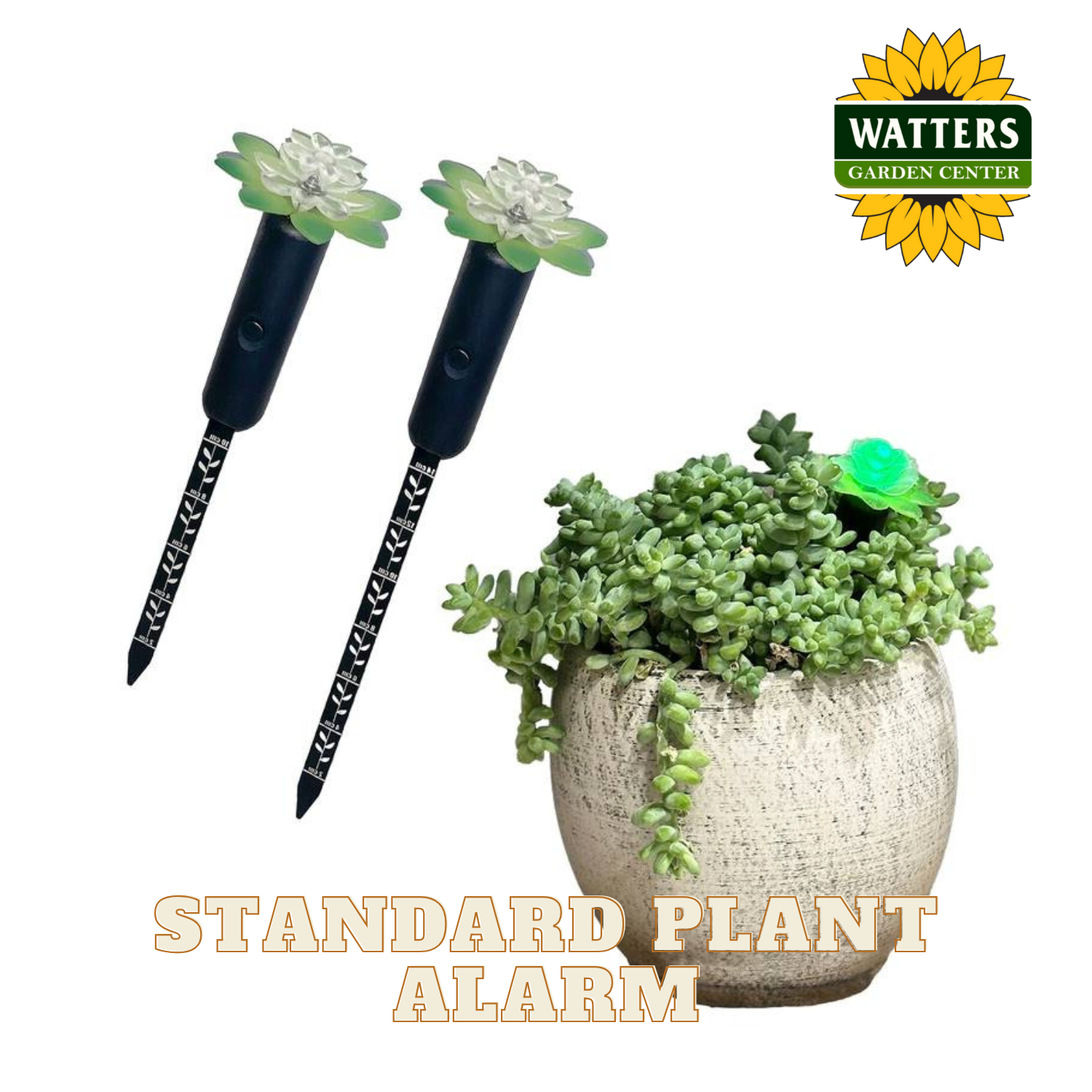 Two plant pH testers and a potted plant with 'Watters Garden Center' logo on a white background.