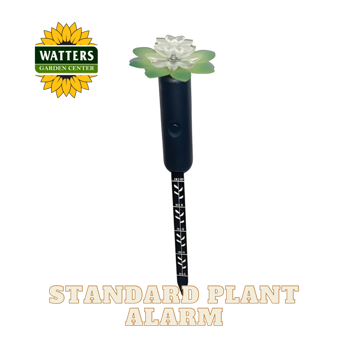 Standard plant alarm with decorative flower on a white background, featuring Watters Garden Center logo.