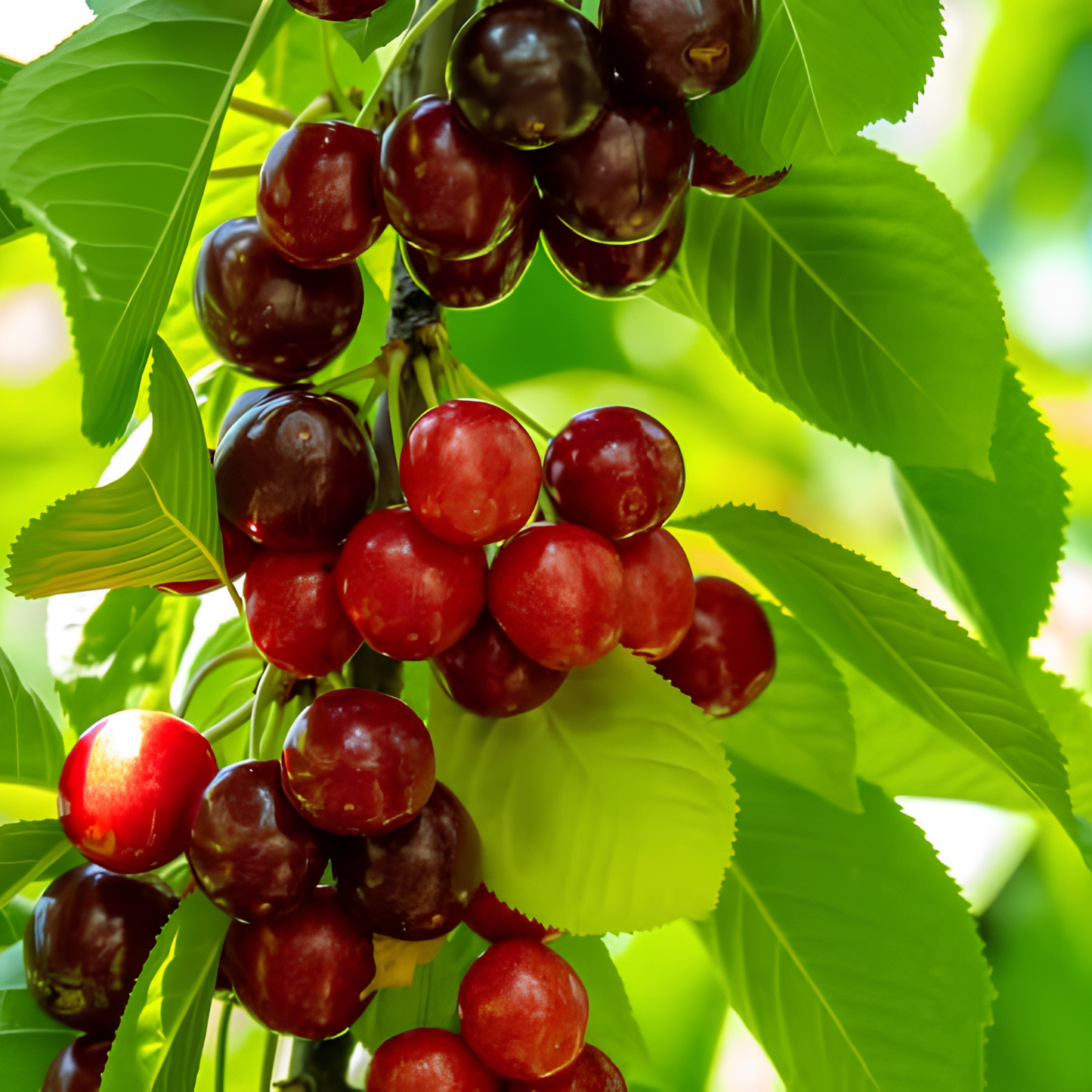 Close-up of cherries on a tree branch with green leaves.