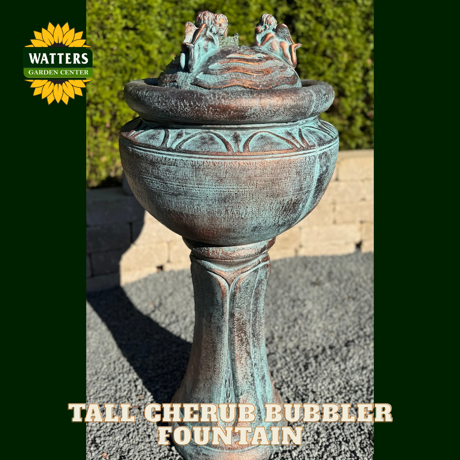 Tall cherub bubbler fountain with Watters Garden Center branding.