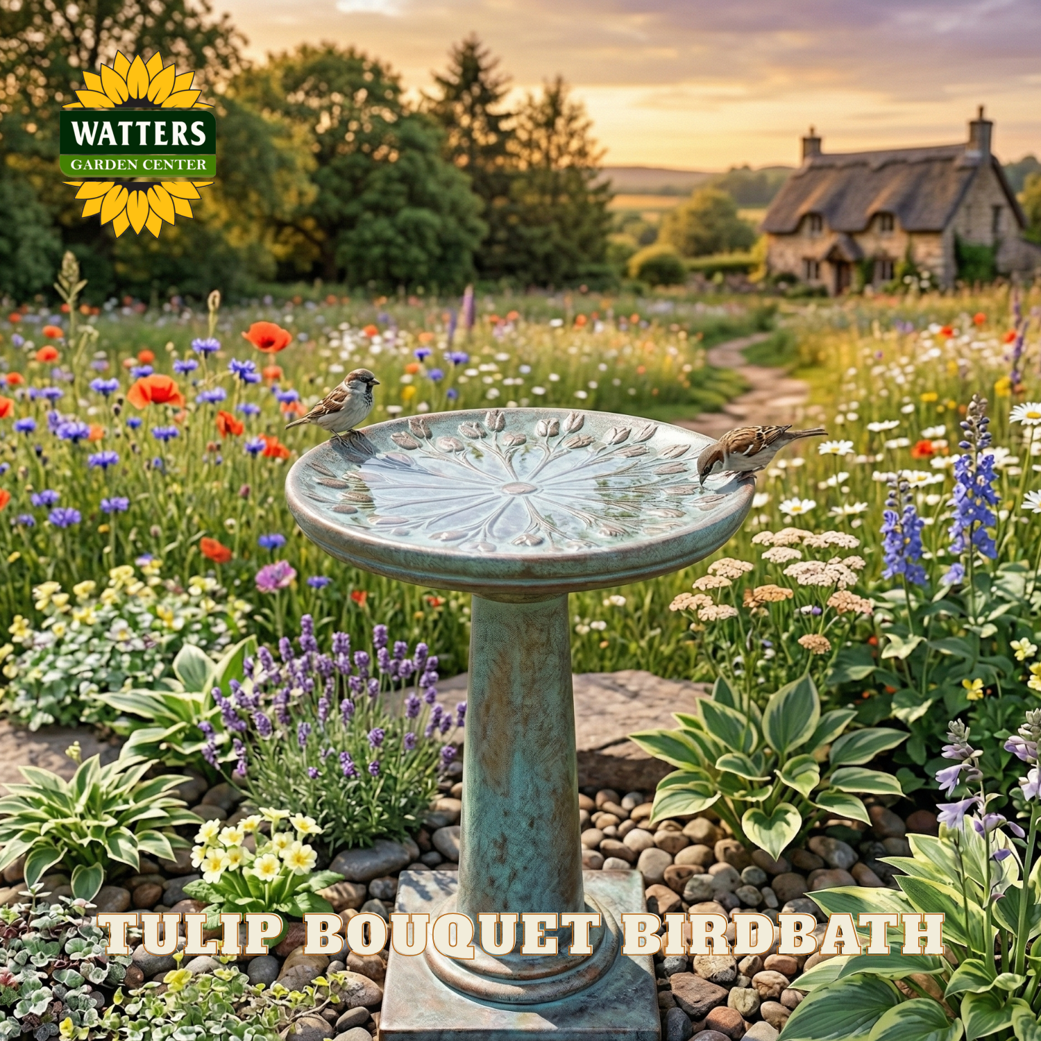 Bird bath in a garden with flowers and a house in the background, featuring Watters Garden Center branding.