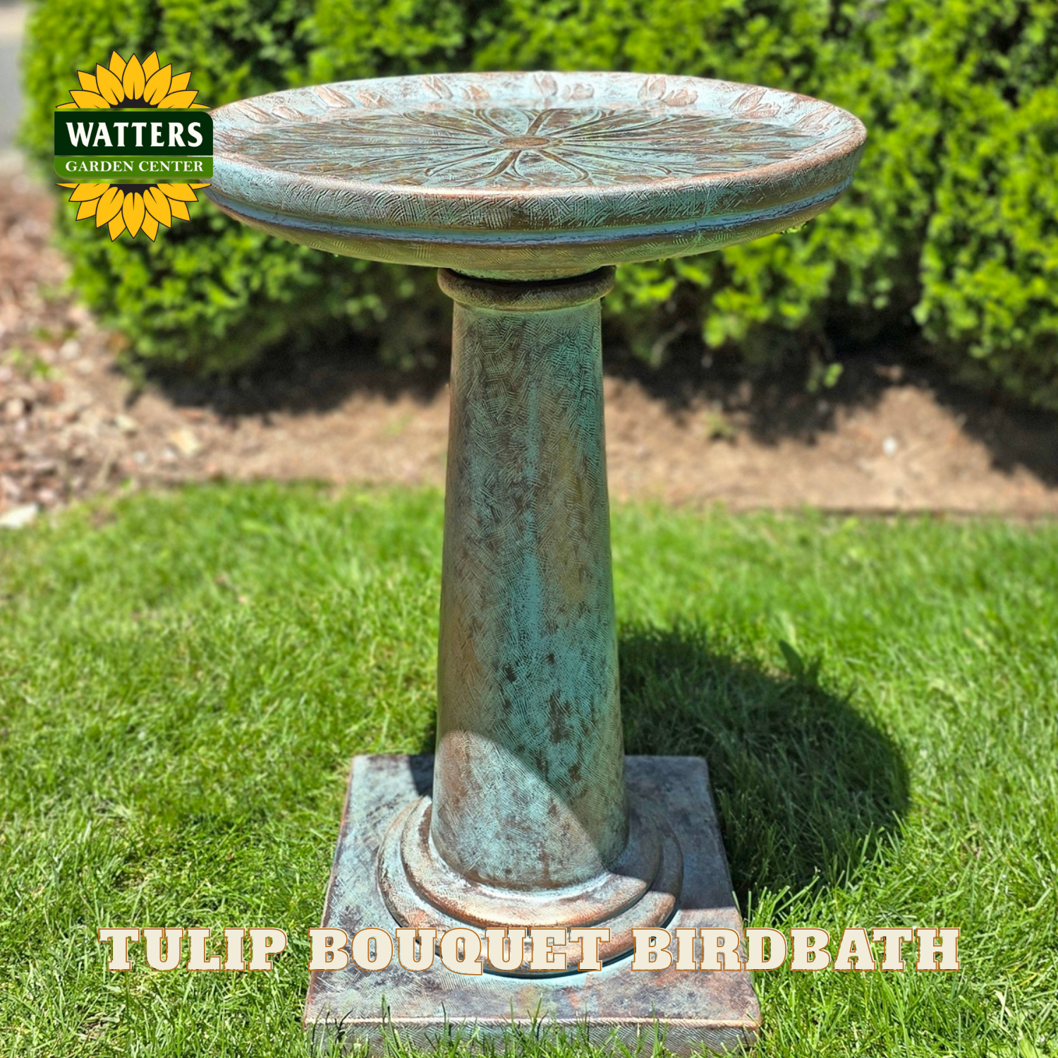 Tulip Bouquet Birdbath with Watters Garden Center logo in the corner