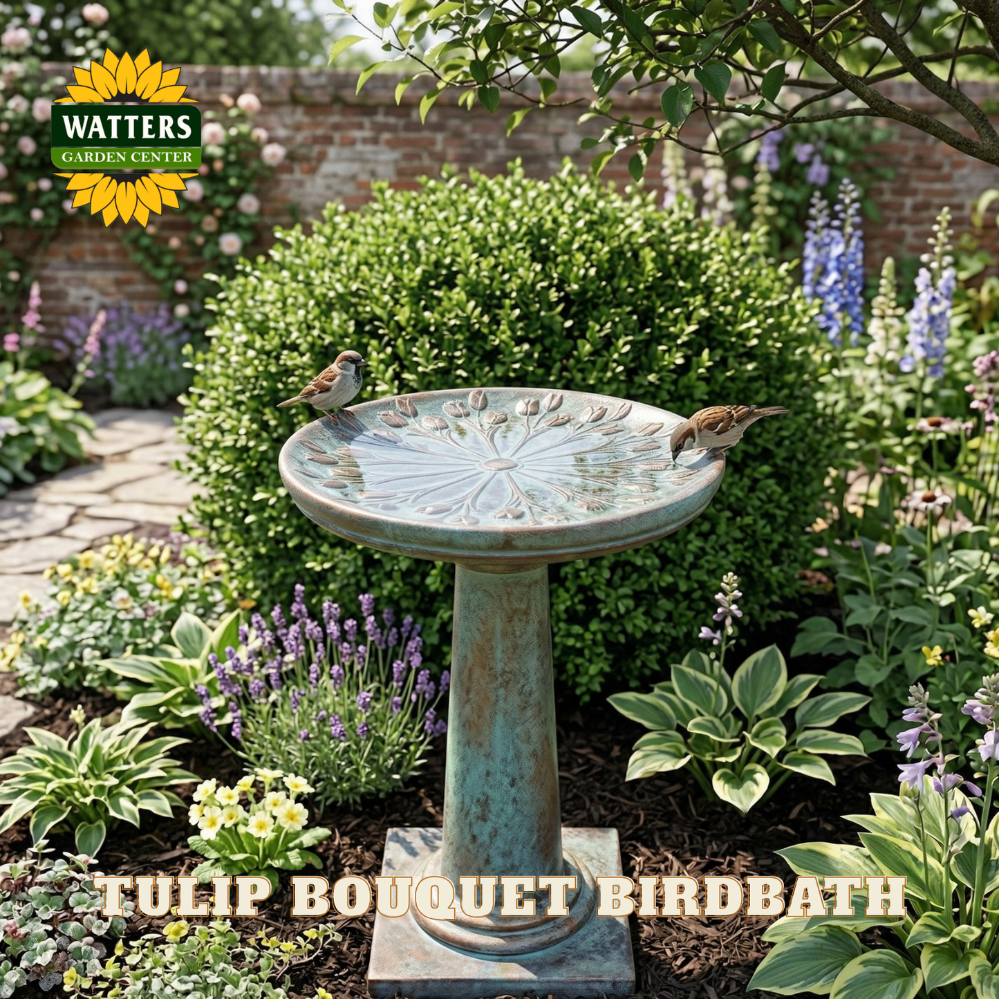 Tulip Bouquet birdbath in a garden setting with Watters Garden Center branding.