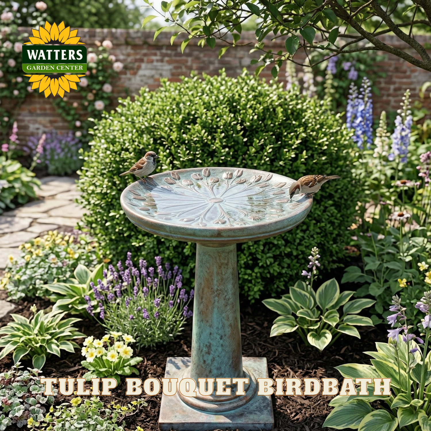 Tulip Bouquet birdbath in a garden setting with Watters Garden Center branding.