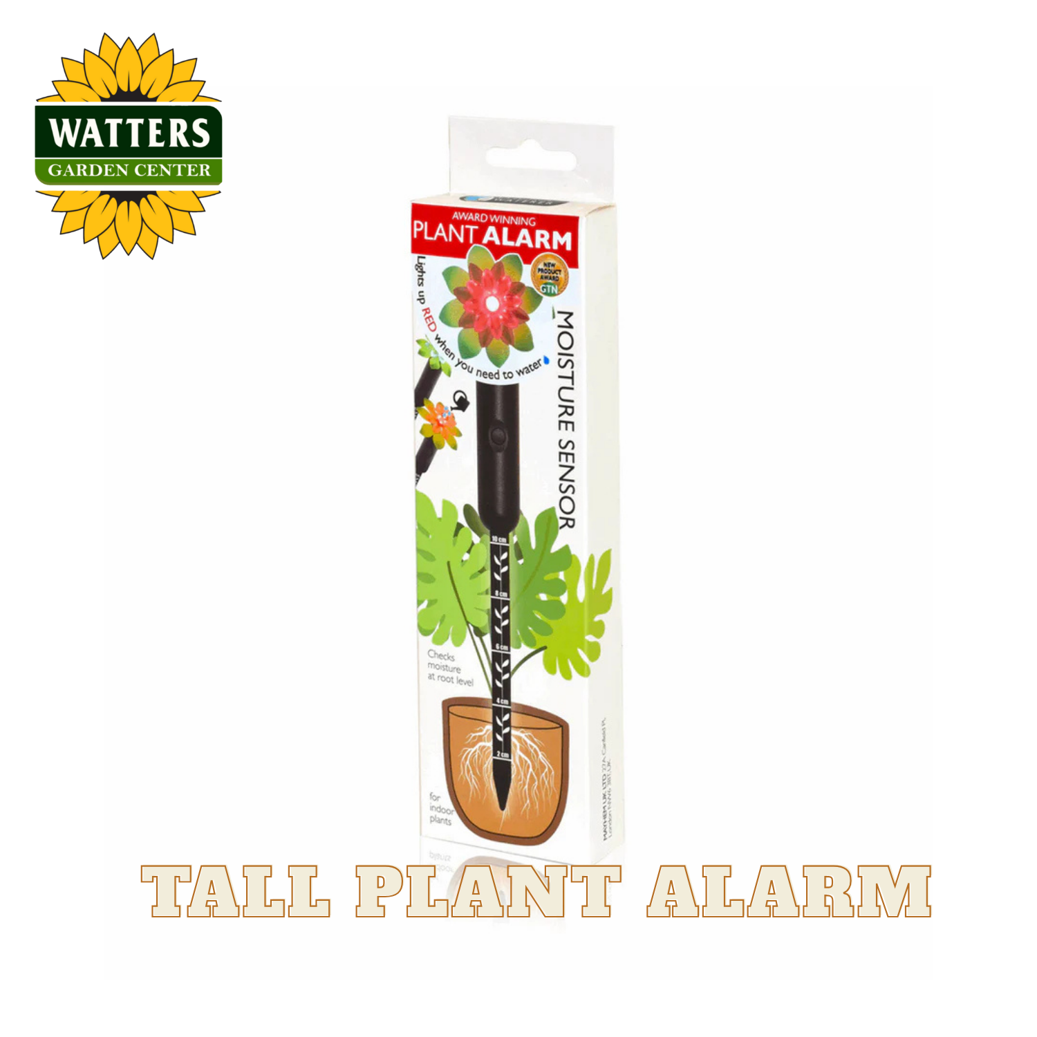 Watters Garden Center plant alarm moisture sensor packaging on a white background