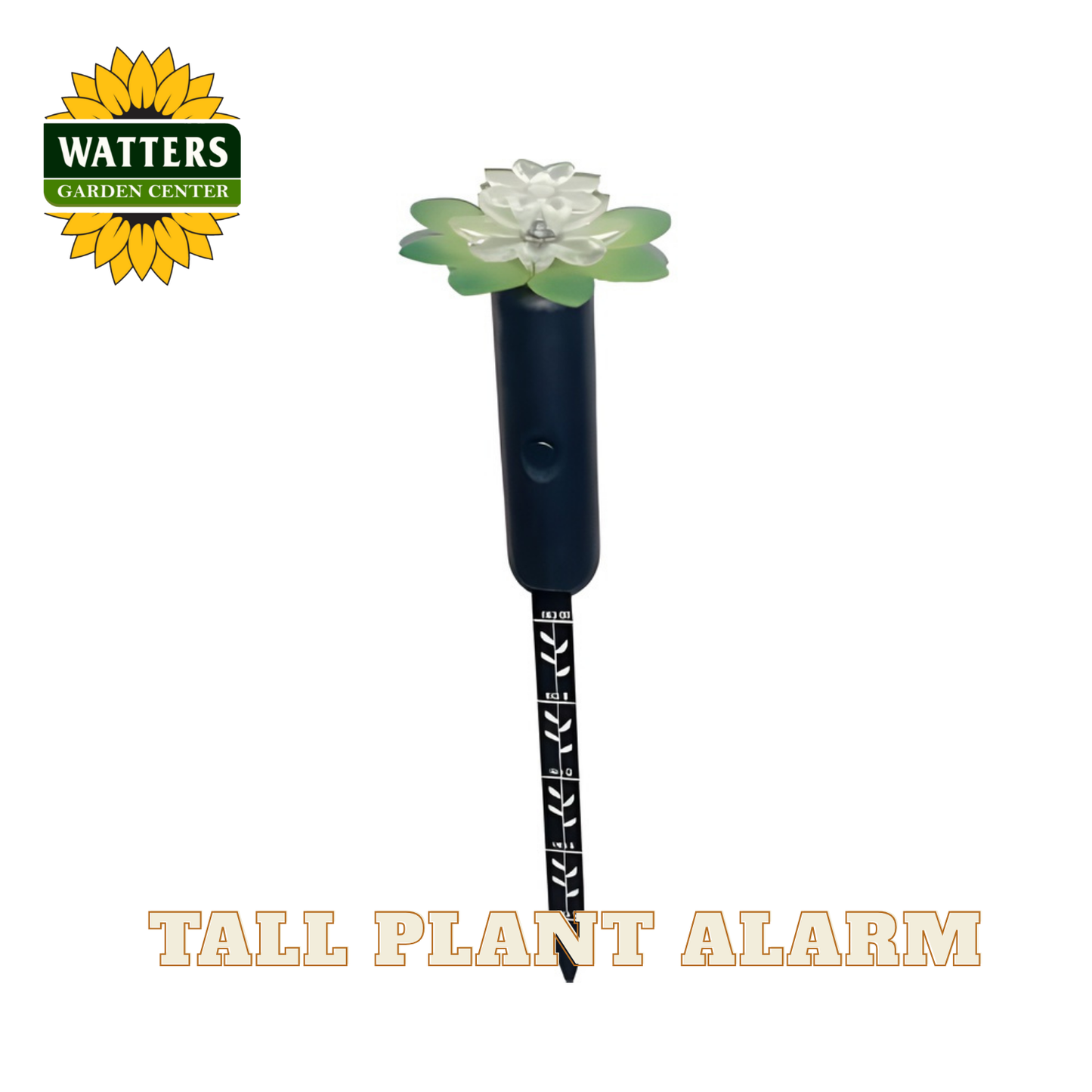 Tall plant alarm with flower design on a white background, featuring Watters Garden Center logo.