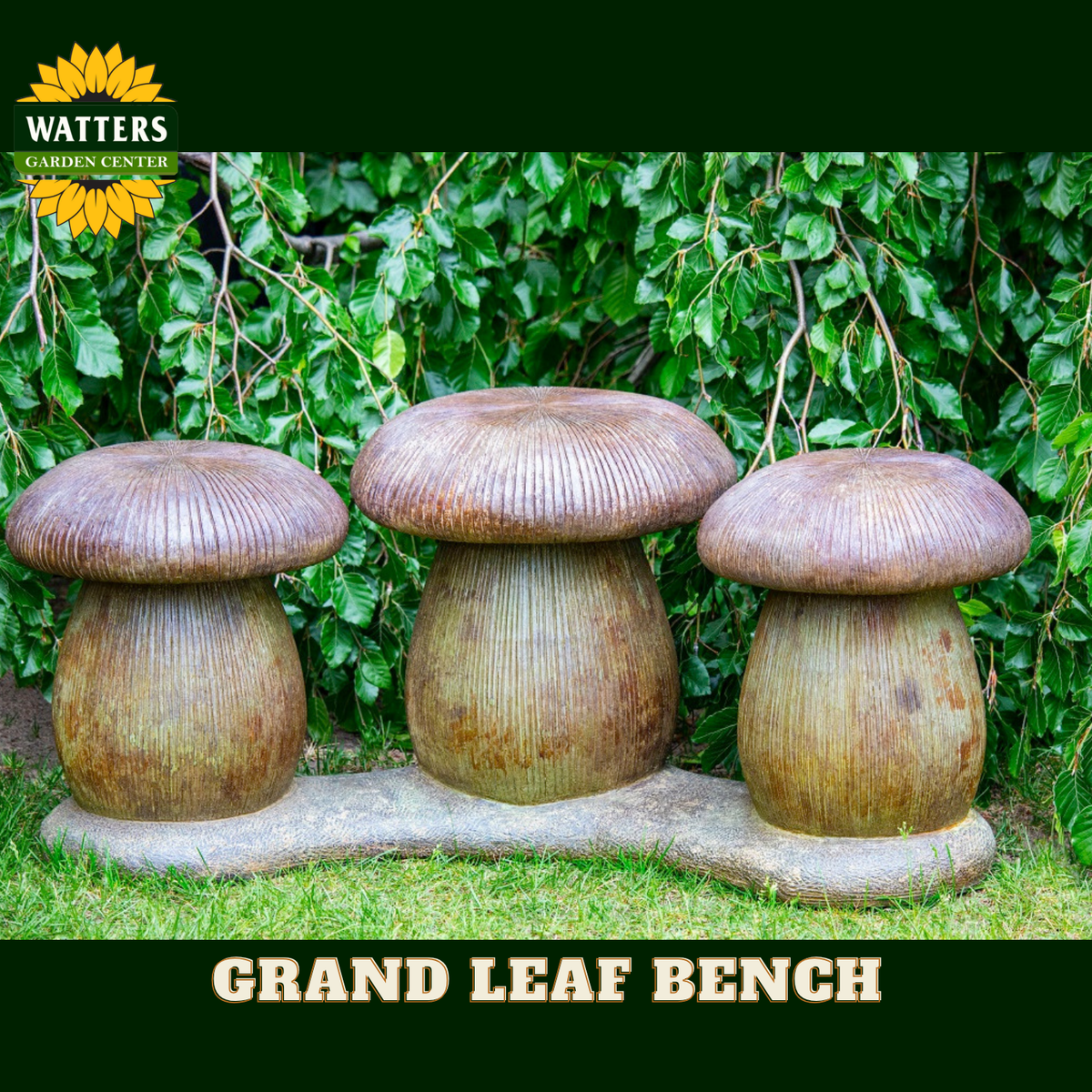 Three mushroom-shaped stone seats on a bench with Watters Garden Center branding.