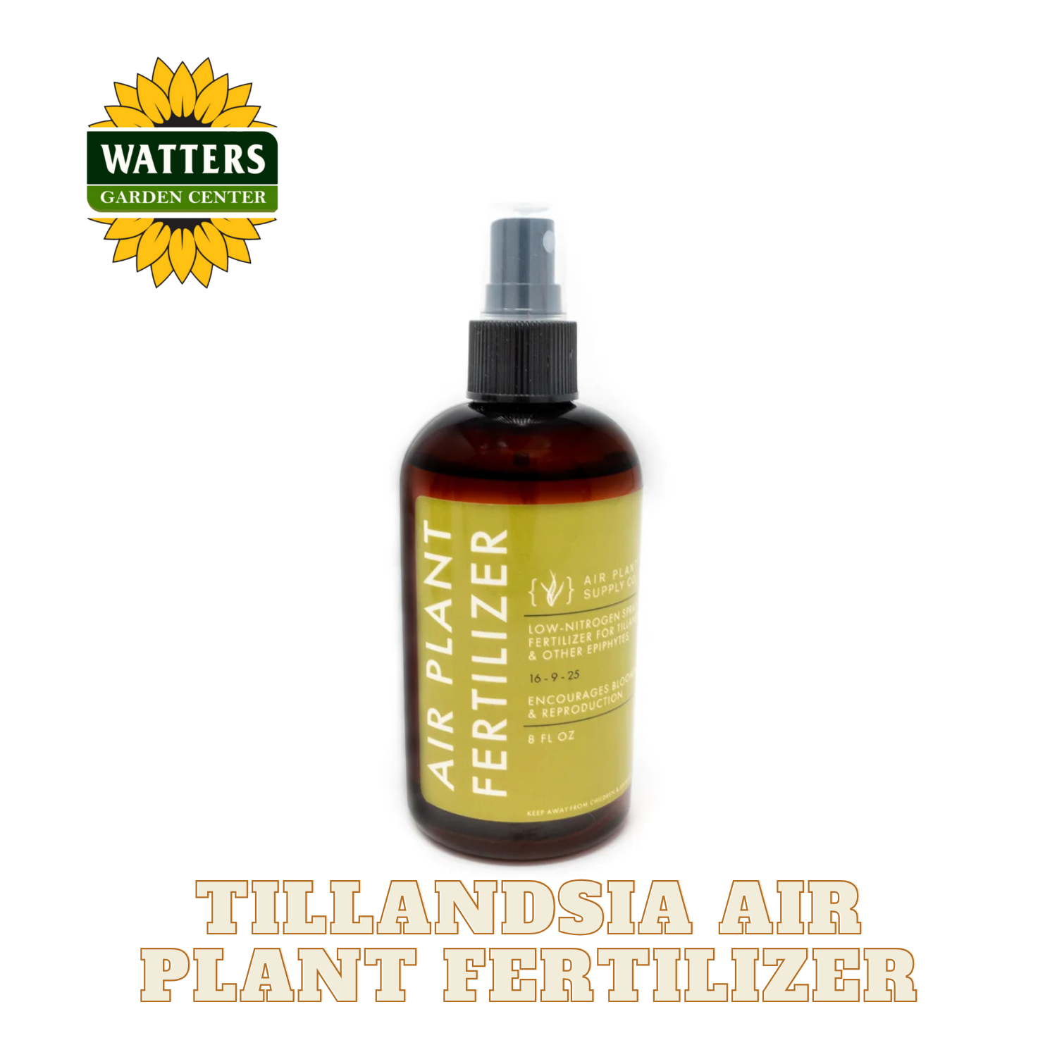 Bottle of air plant fertilizer with Watters Garden Center logo on a white background