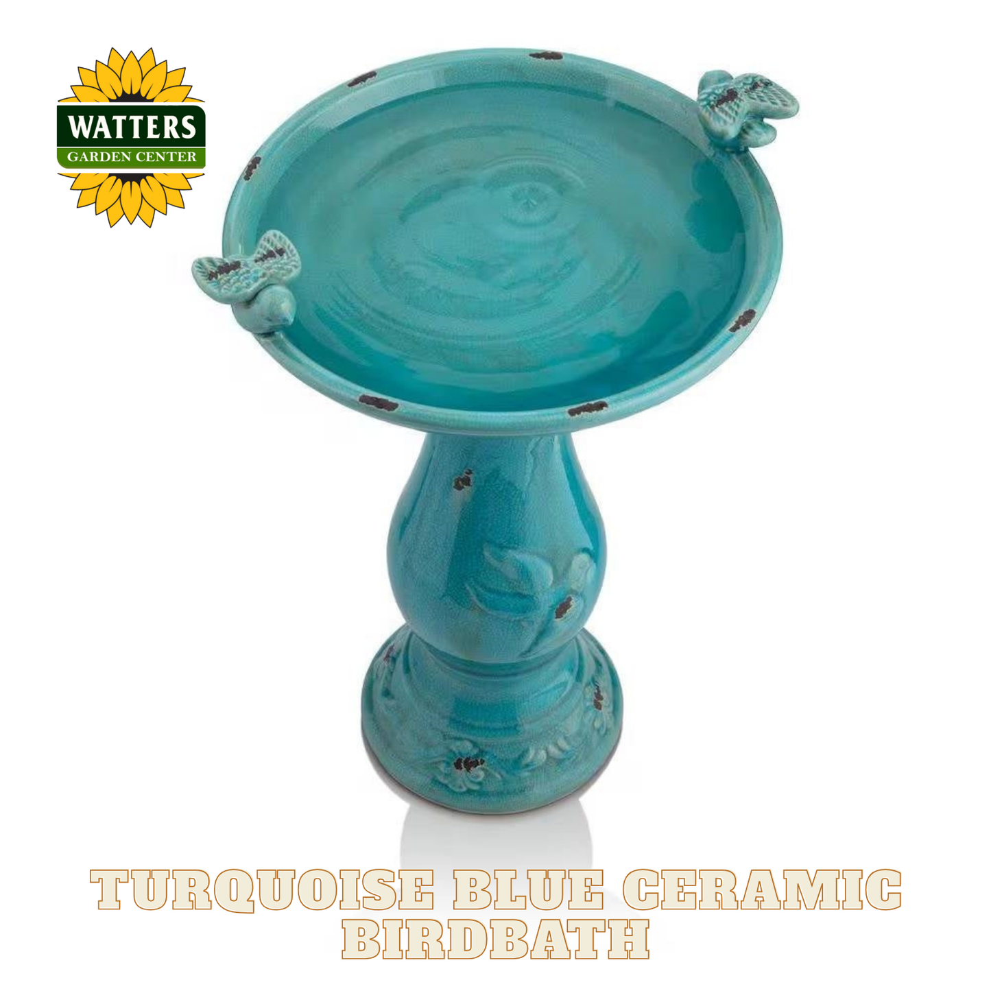 Turquoise blue ceramic birdbath with decorative elements on a white background, featuring Watters Garden Center logo.