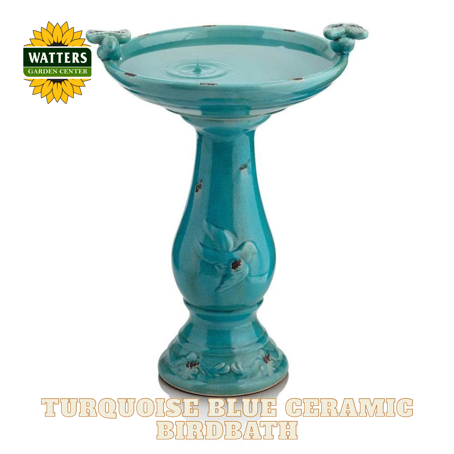 Turquoise blue ceramic birdbath with Watters Garden Center logo.