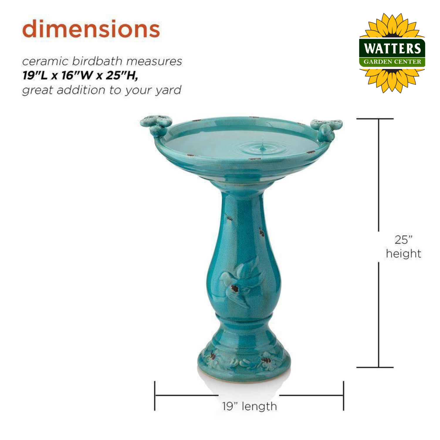 Turquoise ceramic birdbath with dimensions and Watters Garden Center logo