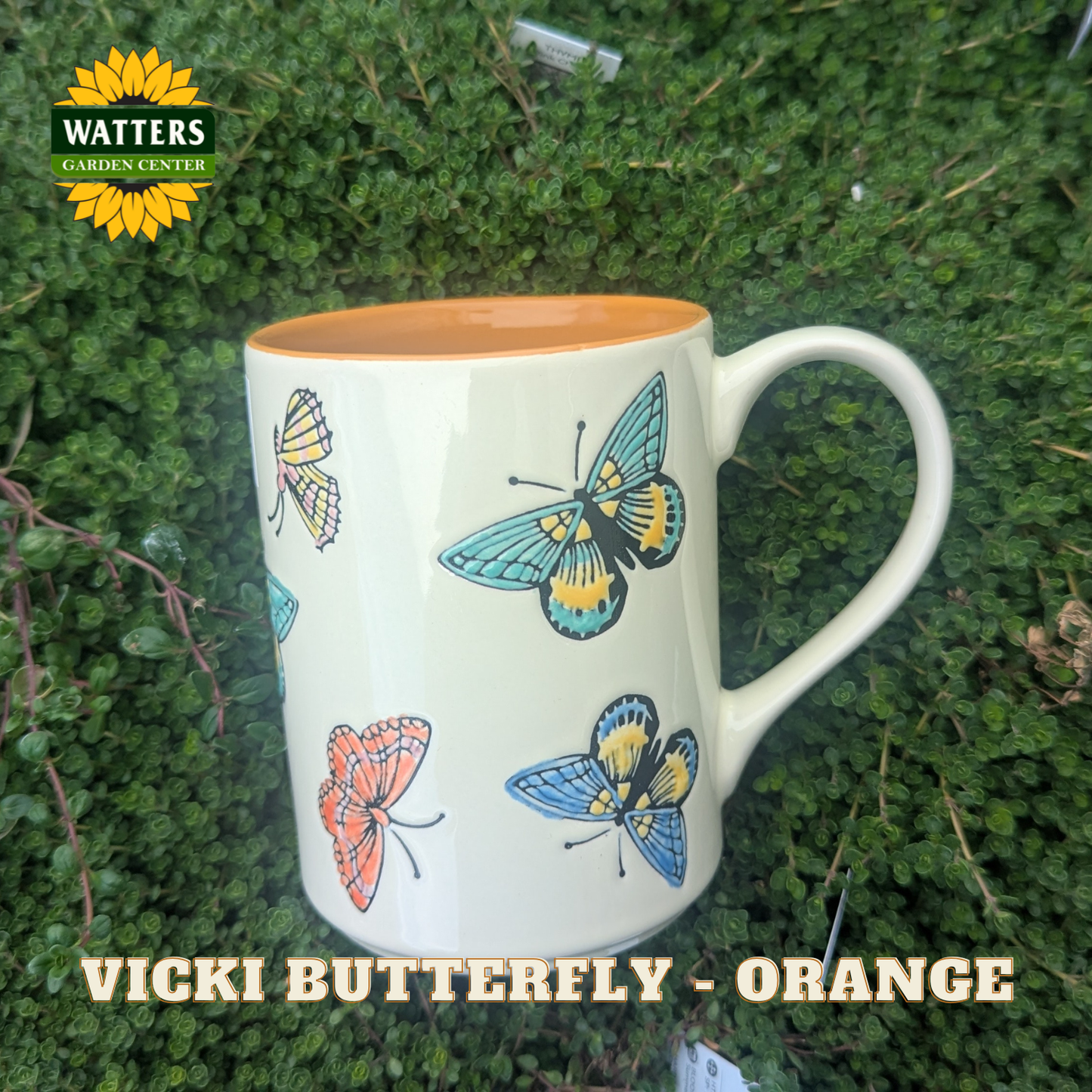 Mug with butterfly design on a green background, featuring Watters Garden Center logo.