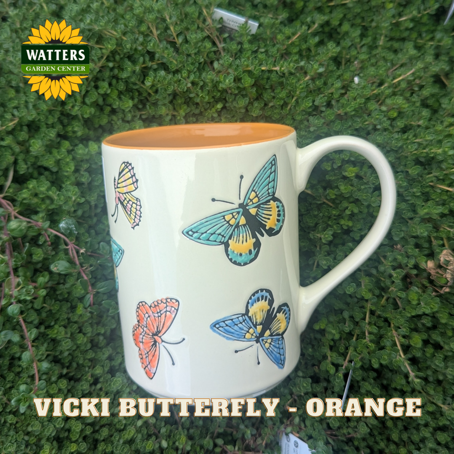 Mug with butterfly design on a green background, featuring Watters Garden Center logo.