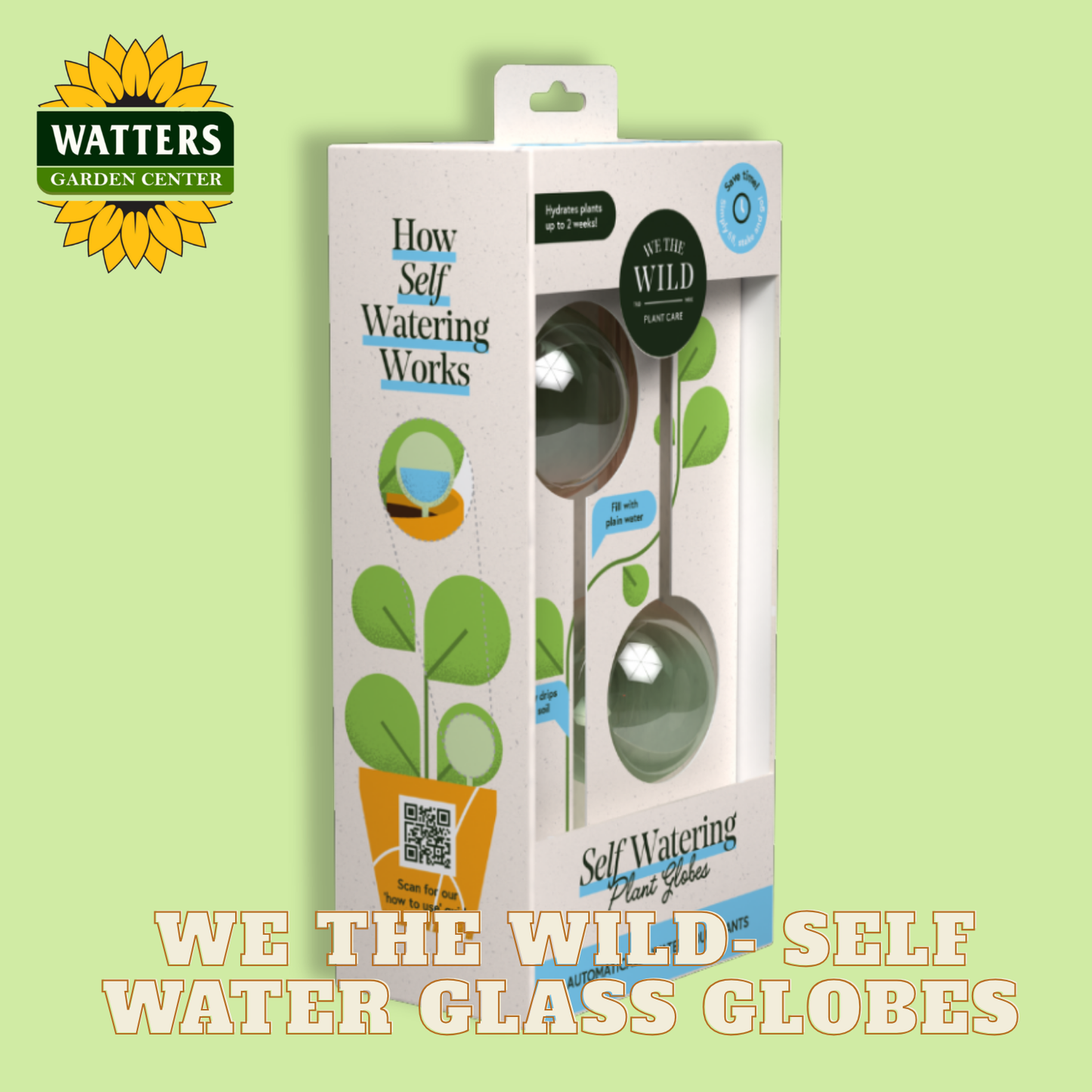 Self-watering plant globes packaging with Watters Garden Center logo on a green background