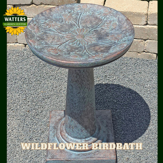 Decorative wildflower birdbath with Watters Garden Center branding on a stone patio.