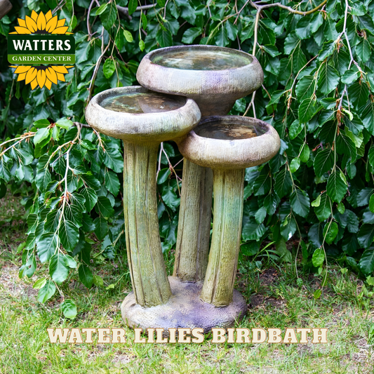 Three-tiered stone birdbath with 'Watters Garden Center' branding against a leafy background.