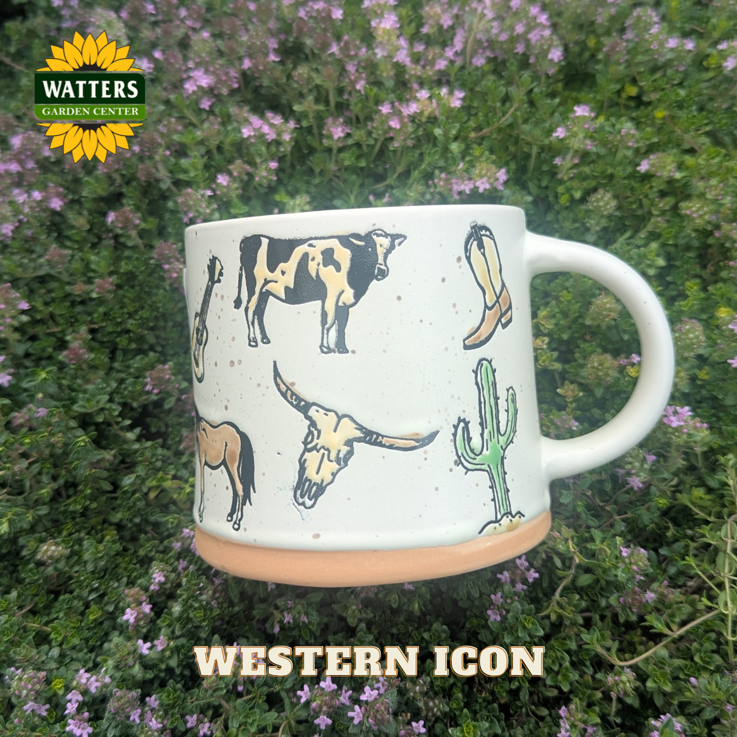 White mug with western-themed designs on a green background