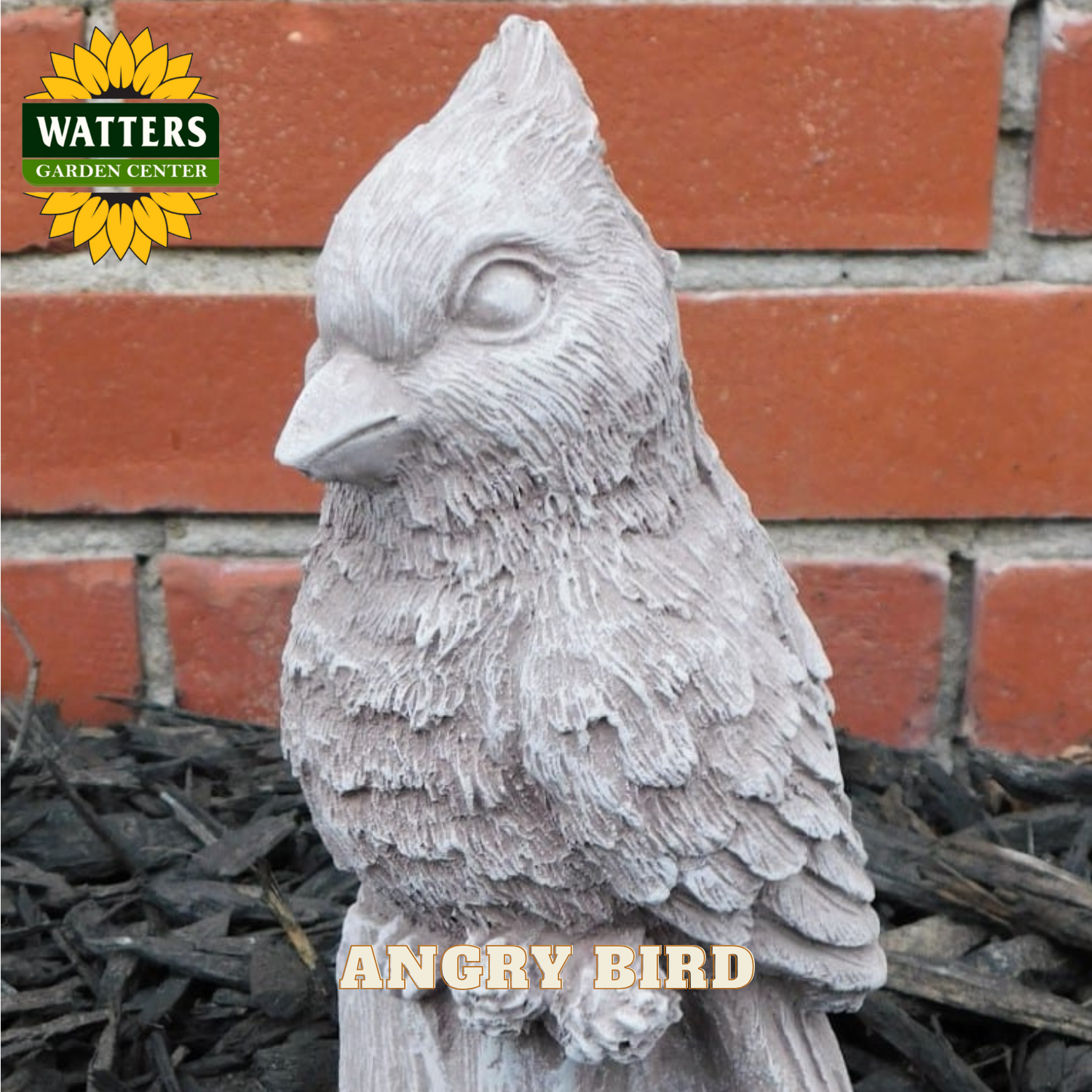 Decorative stone bird sculpture labeled 'Angry Bird' with Watters Garden Center branding against a brick wall.