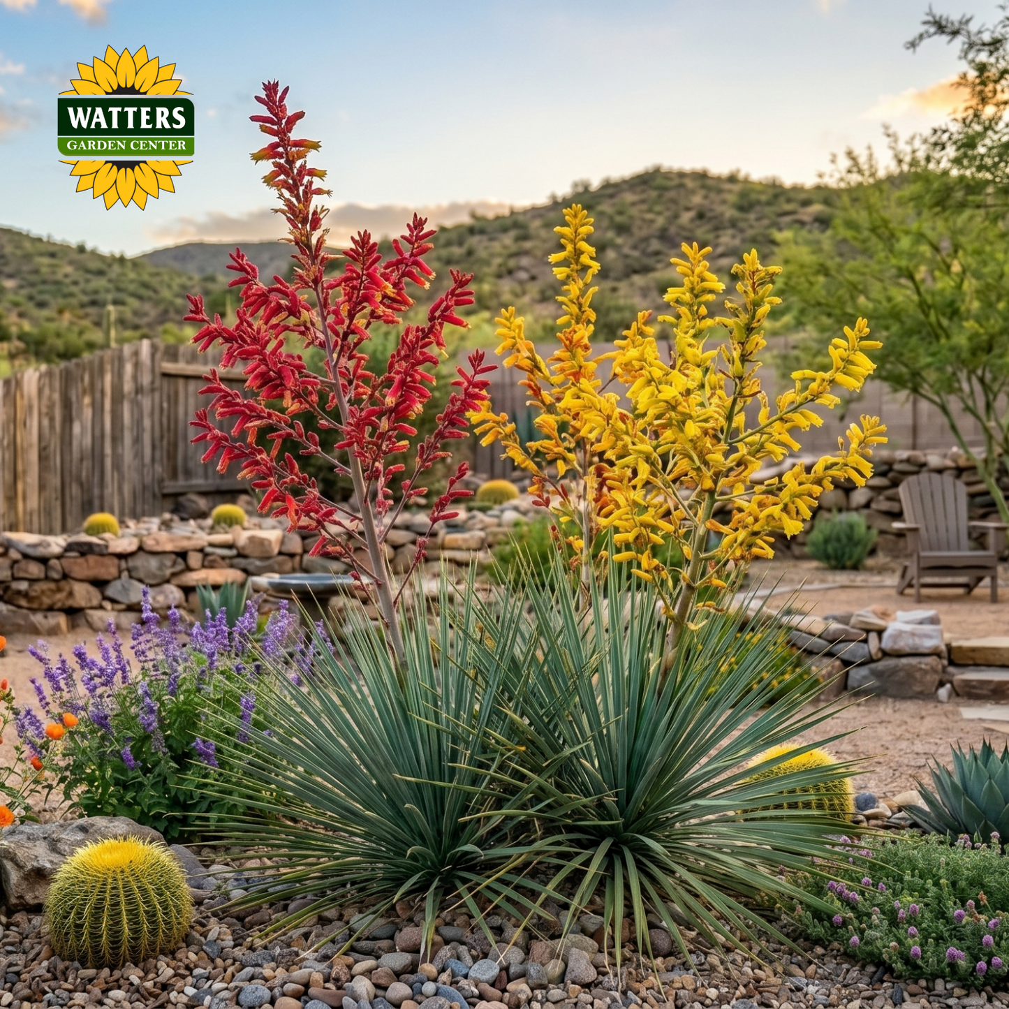 Garden scene with colorful plants and Watters Garden Center logo.