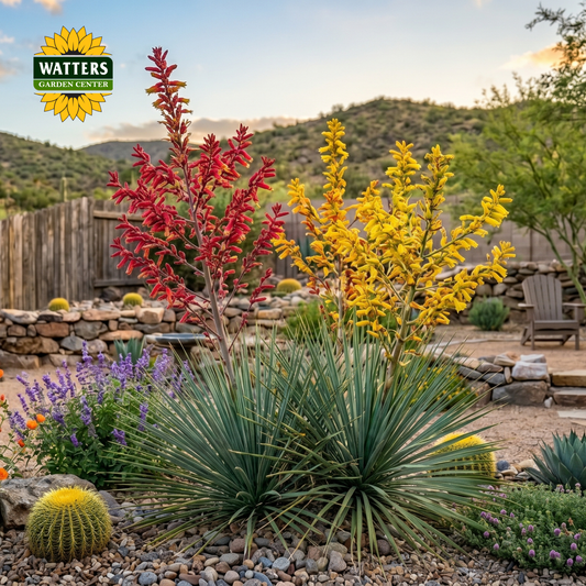 Garden scene with colorful plants and Watters Garden Center logo.