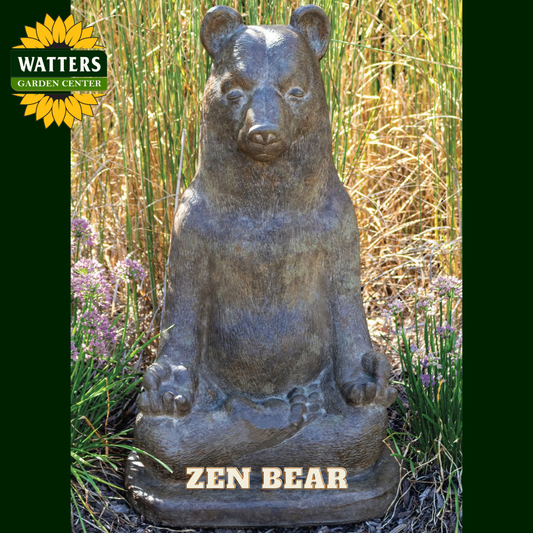 Zen bear statue with 'Watters Garden Center' logo in a natural setting.