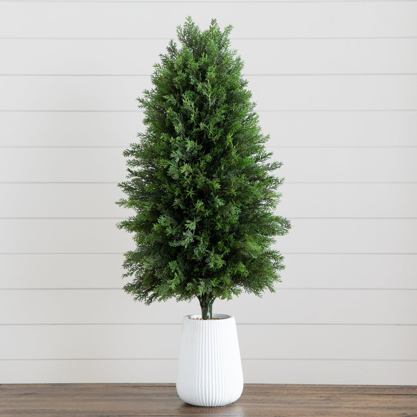 Cedar Faux Tree in Decorative White Planter 3’
