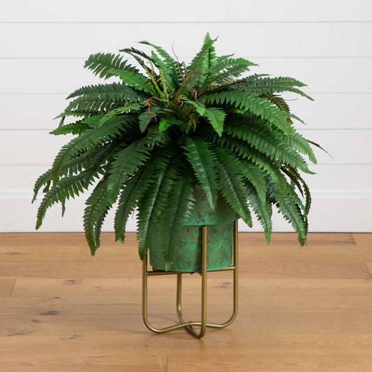 Boston Fern Faux in Patina Planter & Stand 31”
