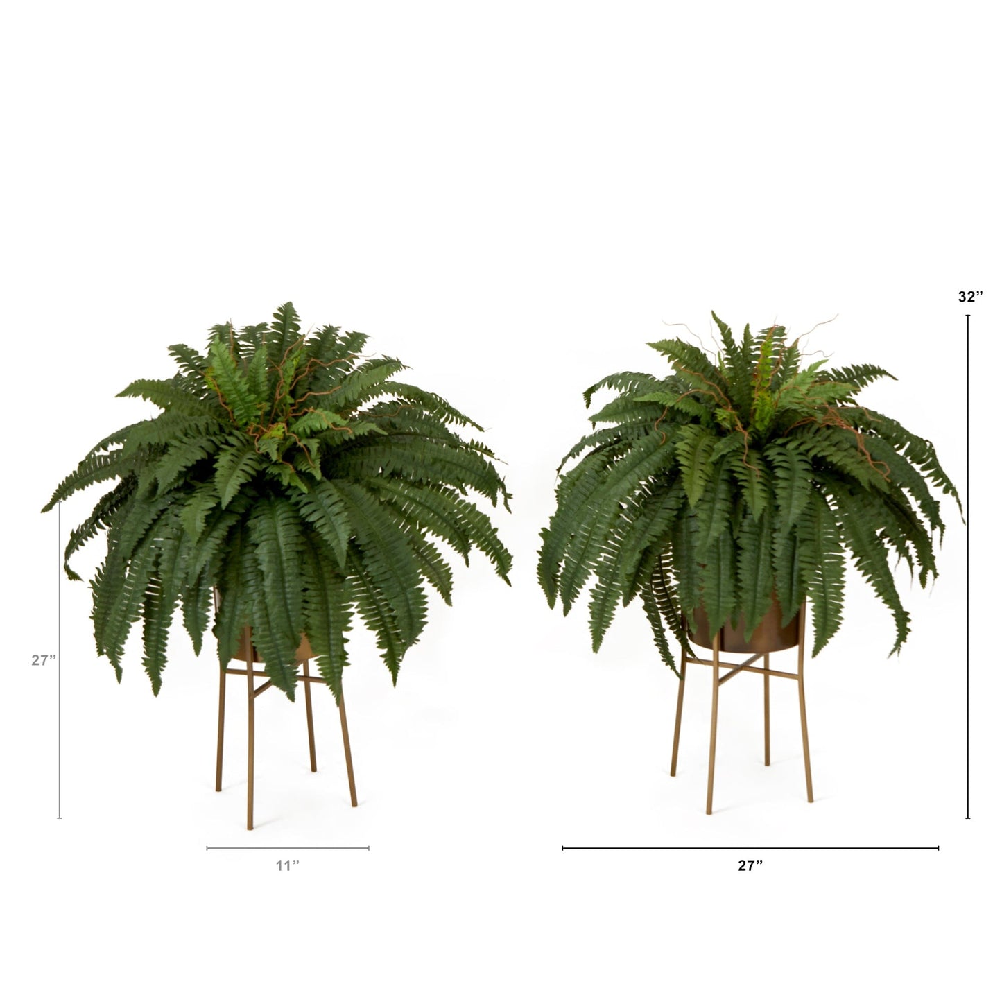 Boston Fern Faux Plant Set of 2 Metal Planters & Stands 32”