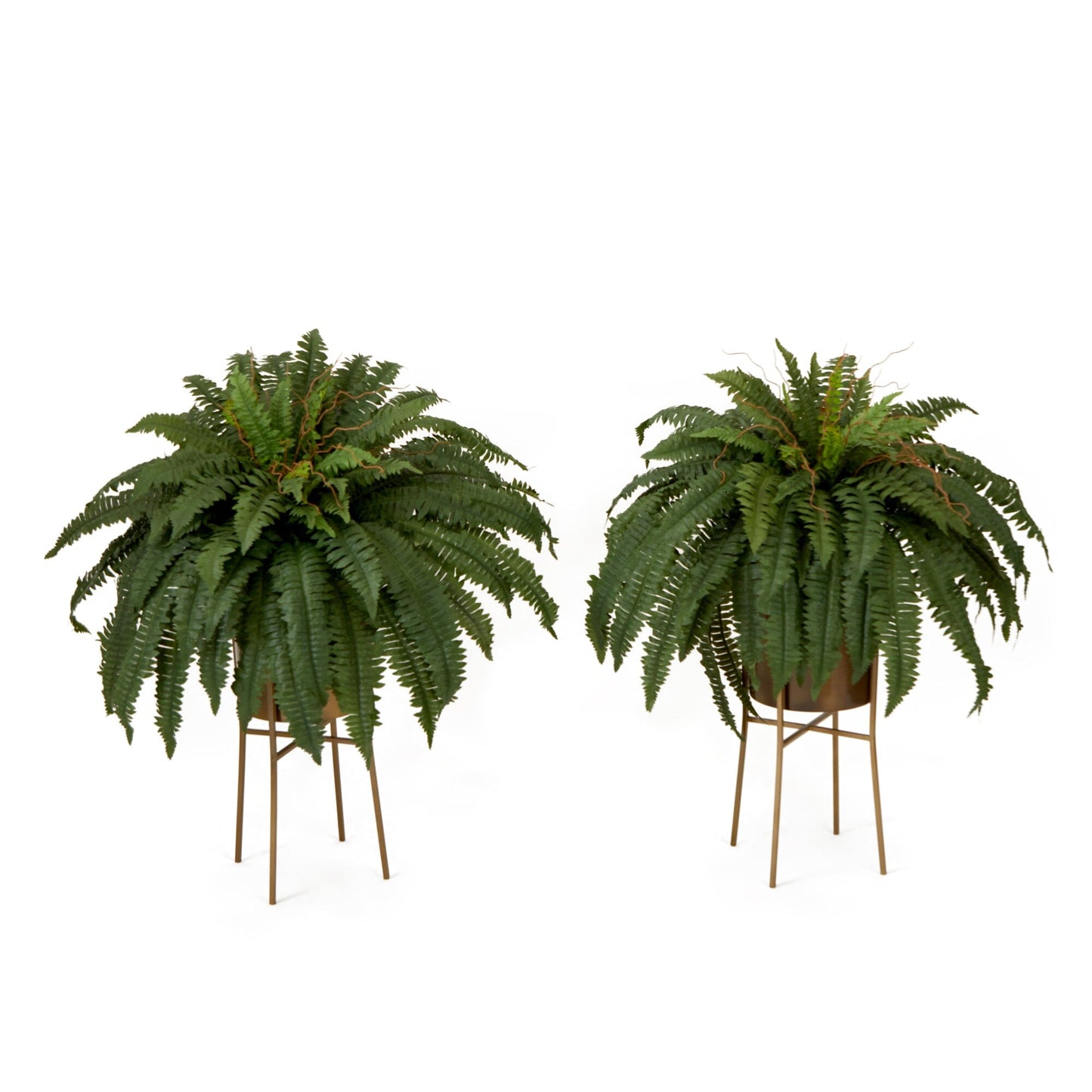 Boston Fern Faux Plant Set of 2 Metal Planters & Stands 32”