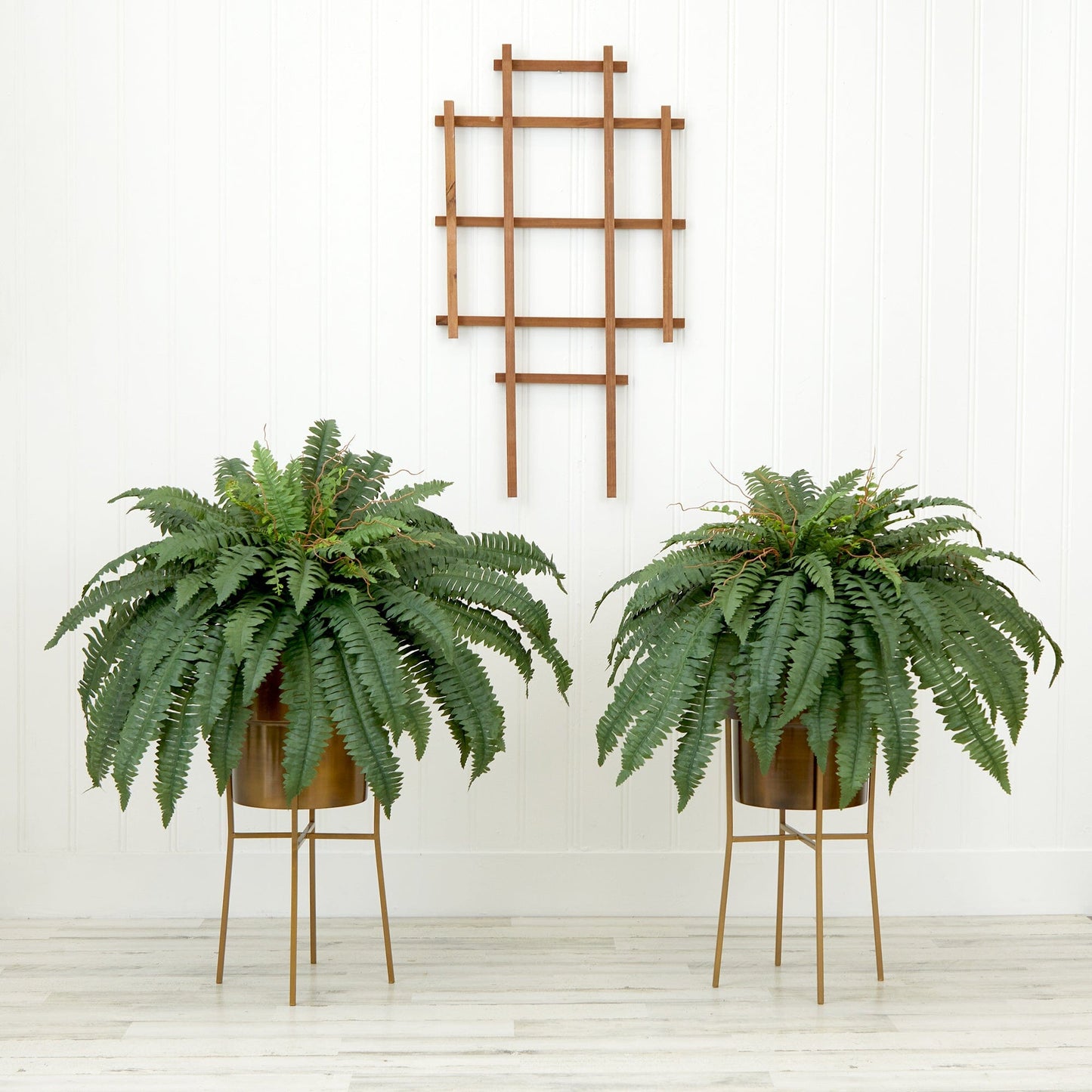 Boston Fern Faux Plant Set of 2 Metal Planters & Stands 32”
