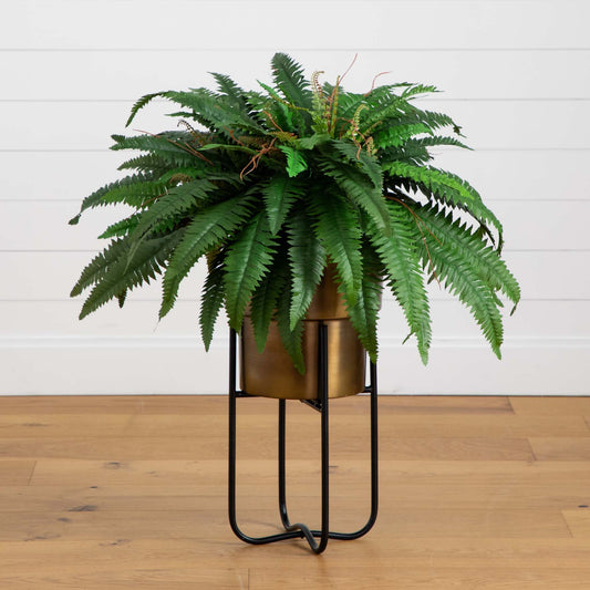 Boston Faux Fern with Brass Metal Planter & Stand 35”