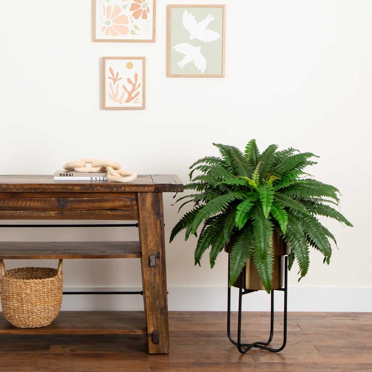 Boston Faux Fern with Brass Metal Planter & Stand 35”
