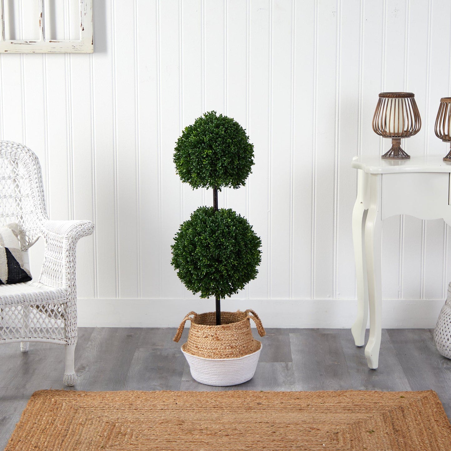 Boxwood Double Ball Topiary Tree in Boho Chic Jute Planter 3.5’