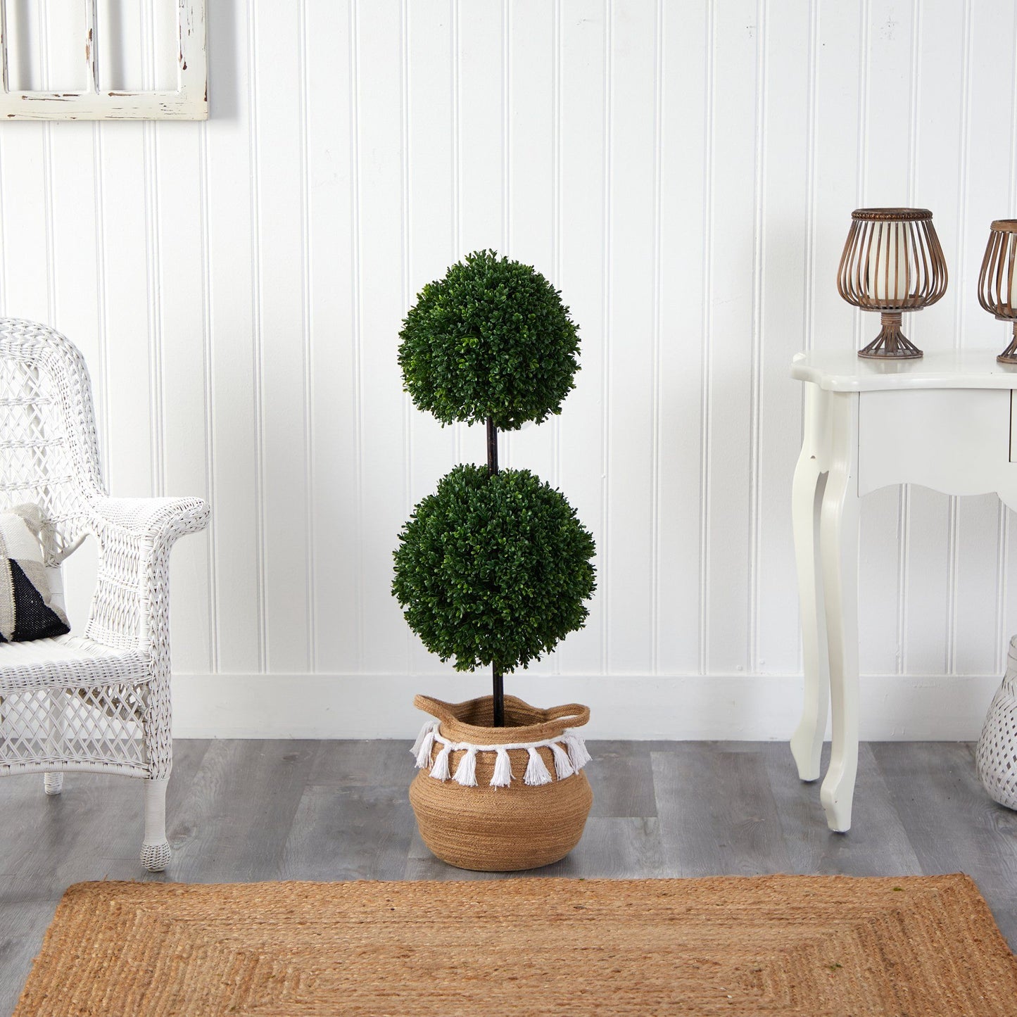 Boxwood Tree Double Faux Topiary in Boho Chic Natural Planter 3.5’