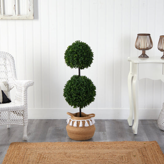 Boxwood Tree Double Faux Topiary in Boho Chic Natural Planter 3.5’