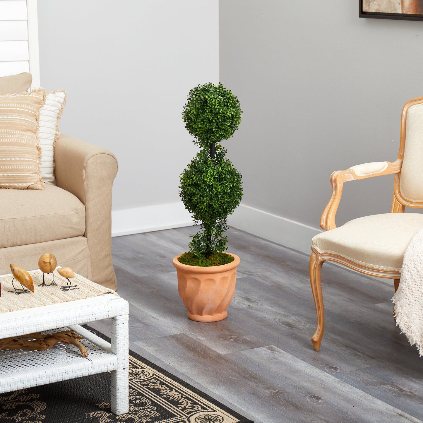 Boxwood Tree Double Ball Faux Topiary in Terra-Cotta Planter 40”