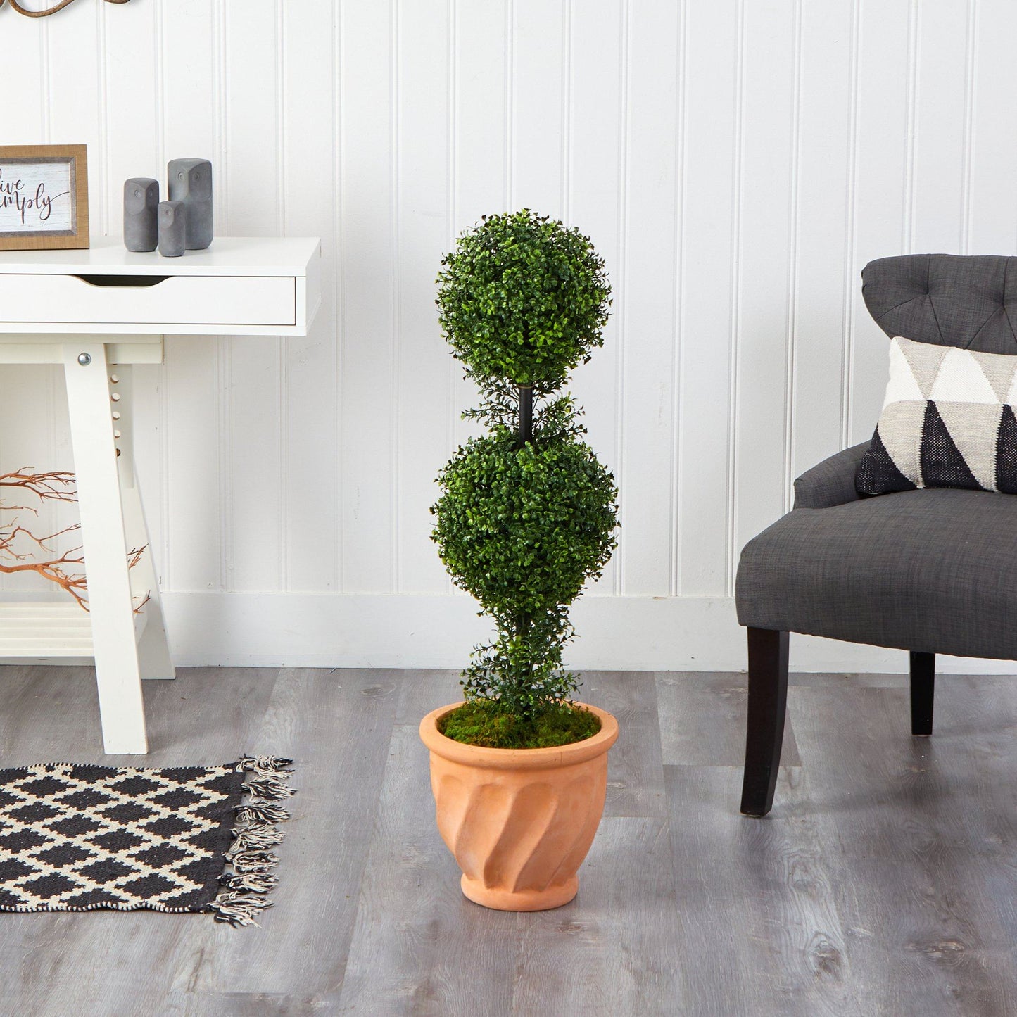 Boxwood Tree Double Ball Faux Topiary in Terra-Cotta Planter 40”
