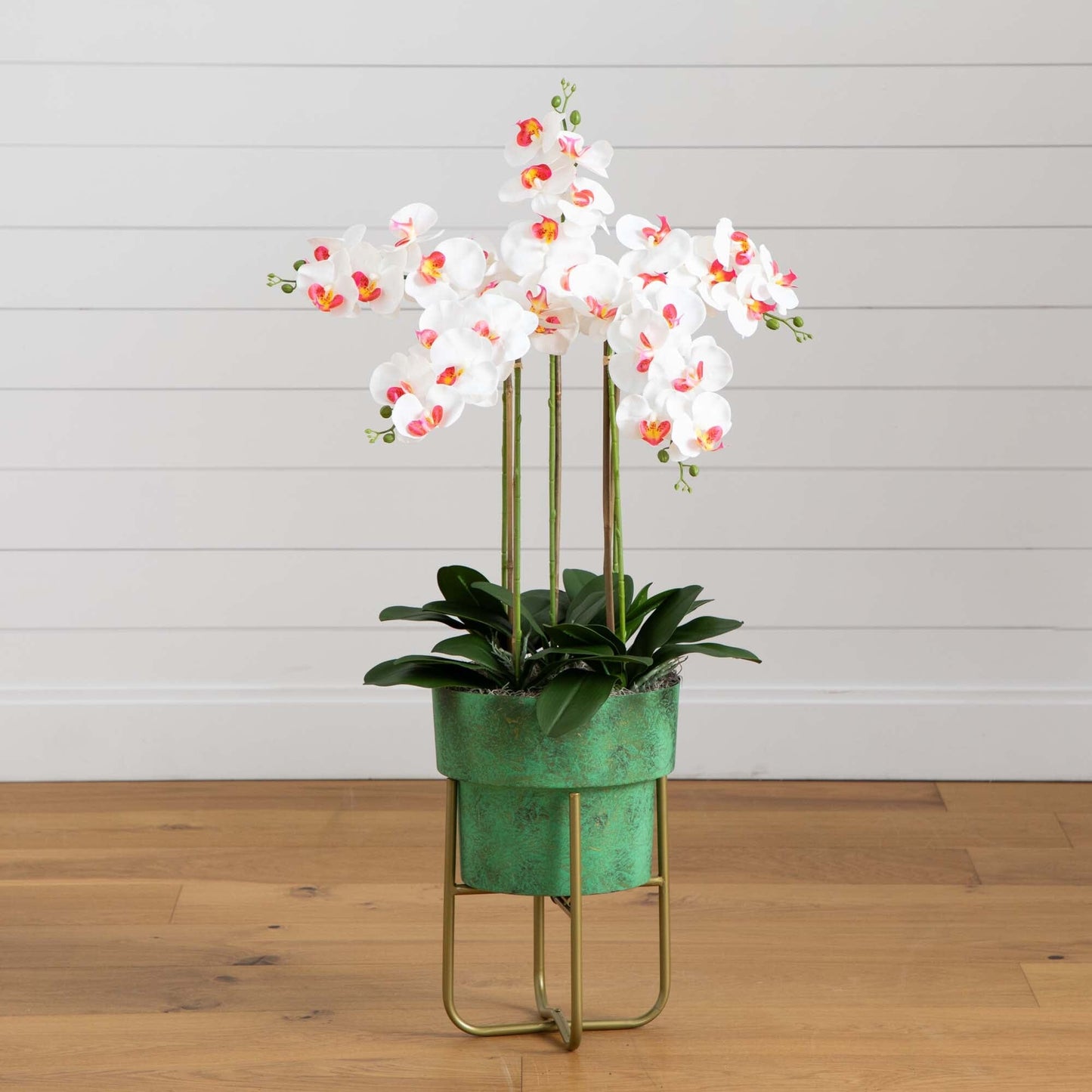 Orchid Faux Arrangement in Patina Planter & Stand 43”
